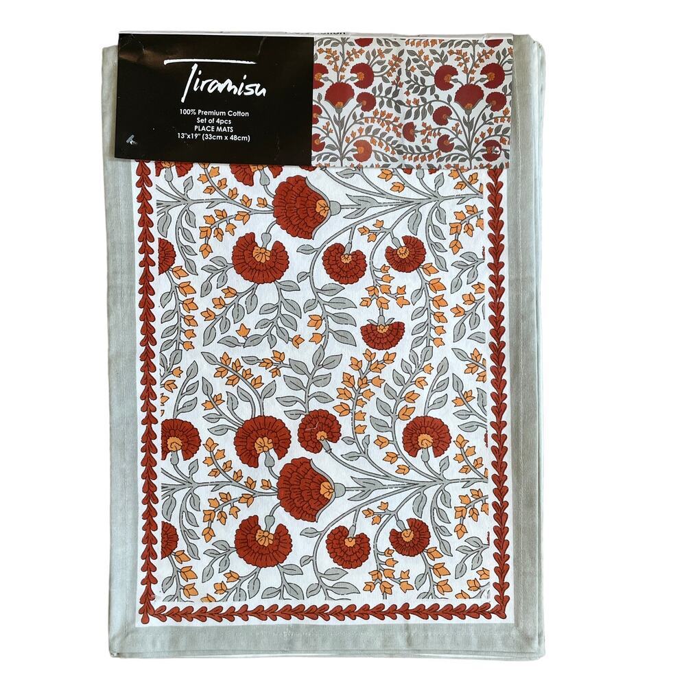 TIRAMISU Floral Block Printed Cotton 13x19 Placemats Set of 4 Orange | Sage NEW